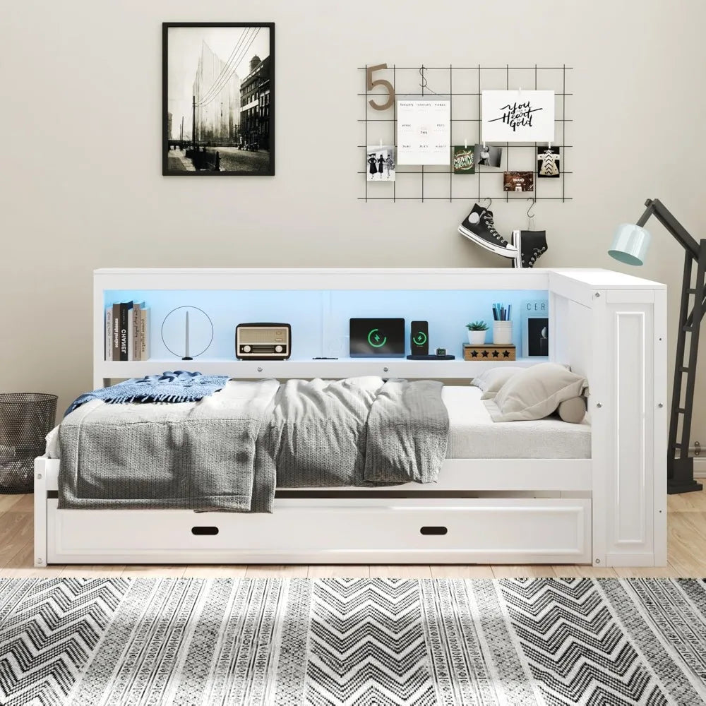 Daybed With Trundle And Storage Bookcase Led Lights Usb Ports