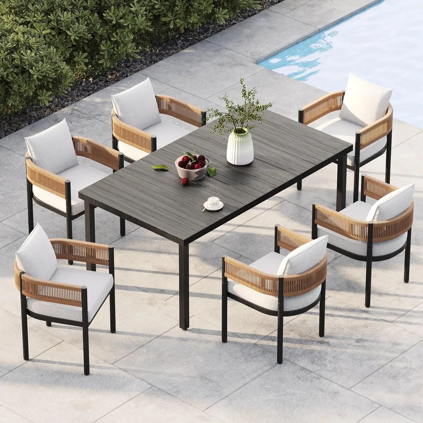 Outdoor Patio Dining Set With Metal Woven Wicker Cushions