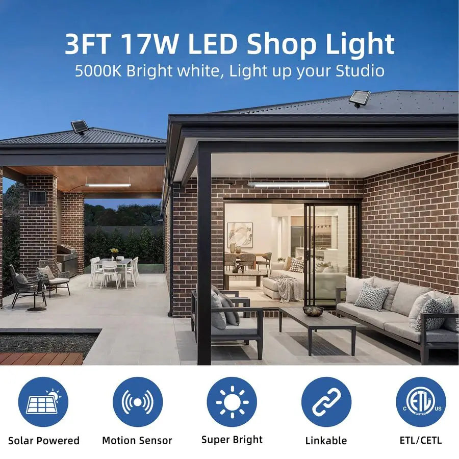 Solar Powered Shop Light With Motion Sensor IP65 Waterproof Outdoor