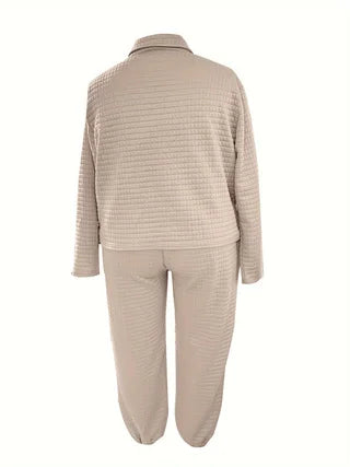 Plus Size Women Checkered Lapel Cardigan Pants Set Office Casual