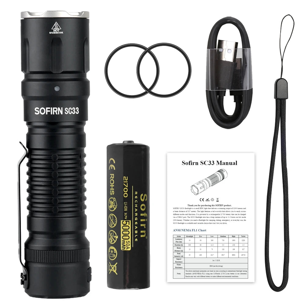 Sofirn SC33 XHP70.3 HI LED Tactical Flashlight 5200LM Rechargeable