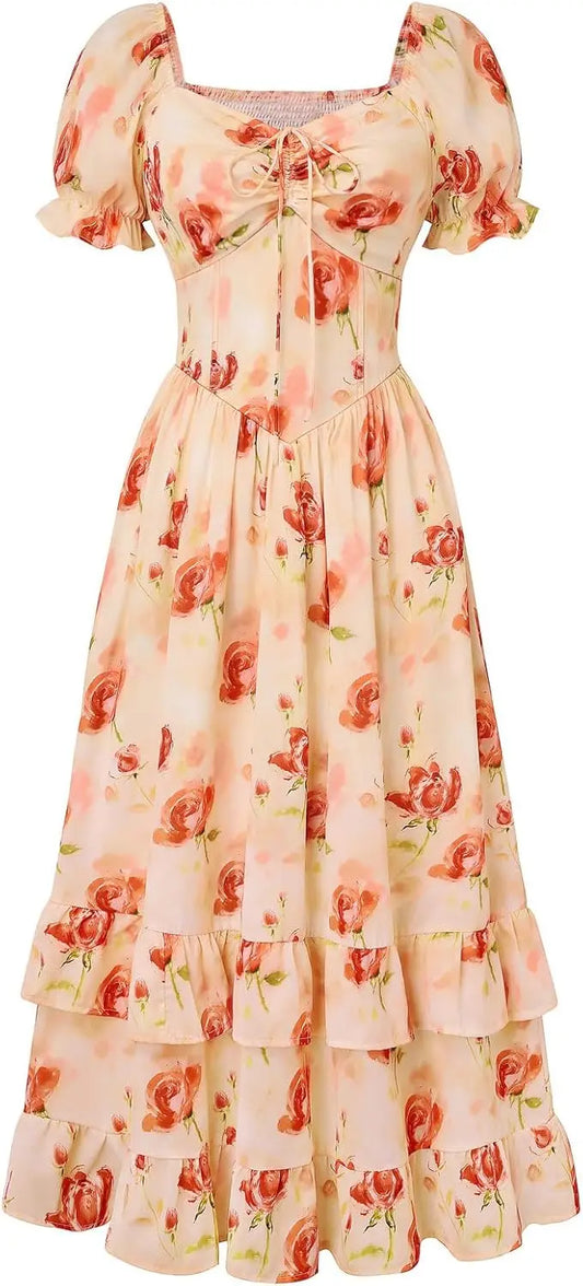 Women Floral Cottagecore Puff Sleeve Maxi Dress Featuring Ruffled Corset
