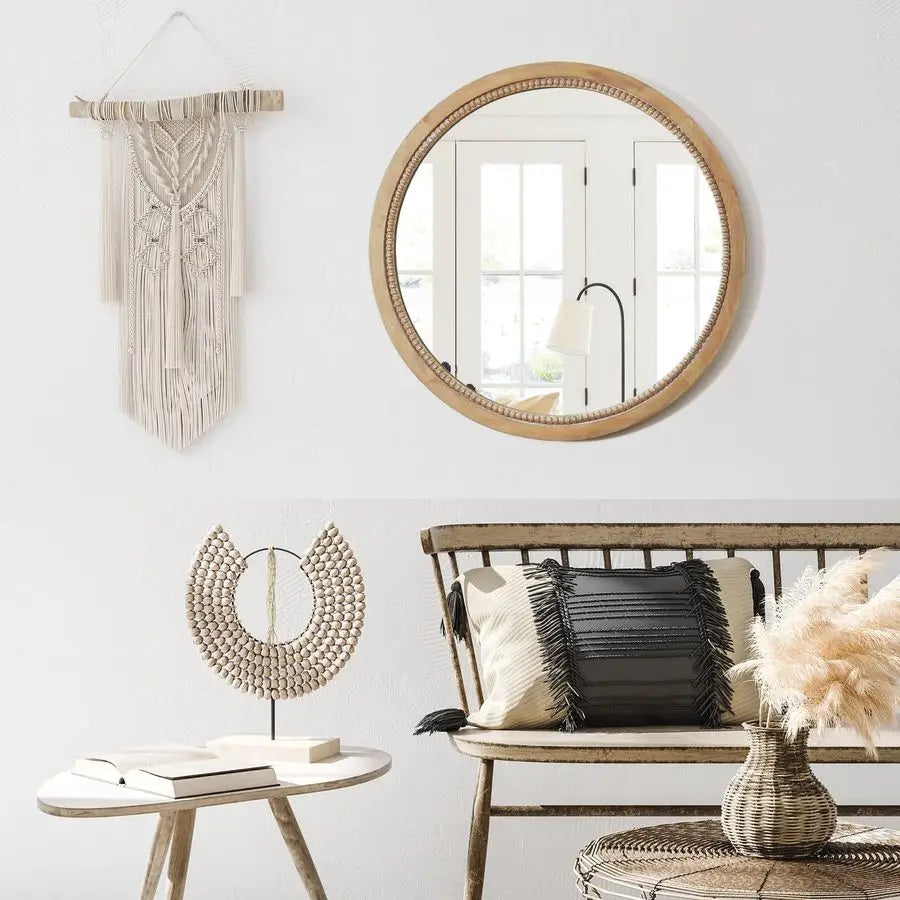Round Wood Mirror With Rustic Farmhouse Natural Wood Frame