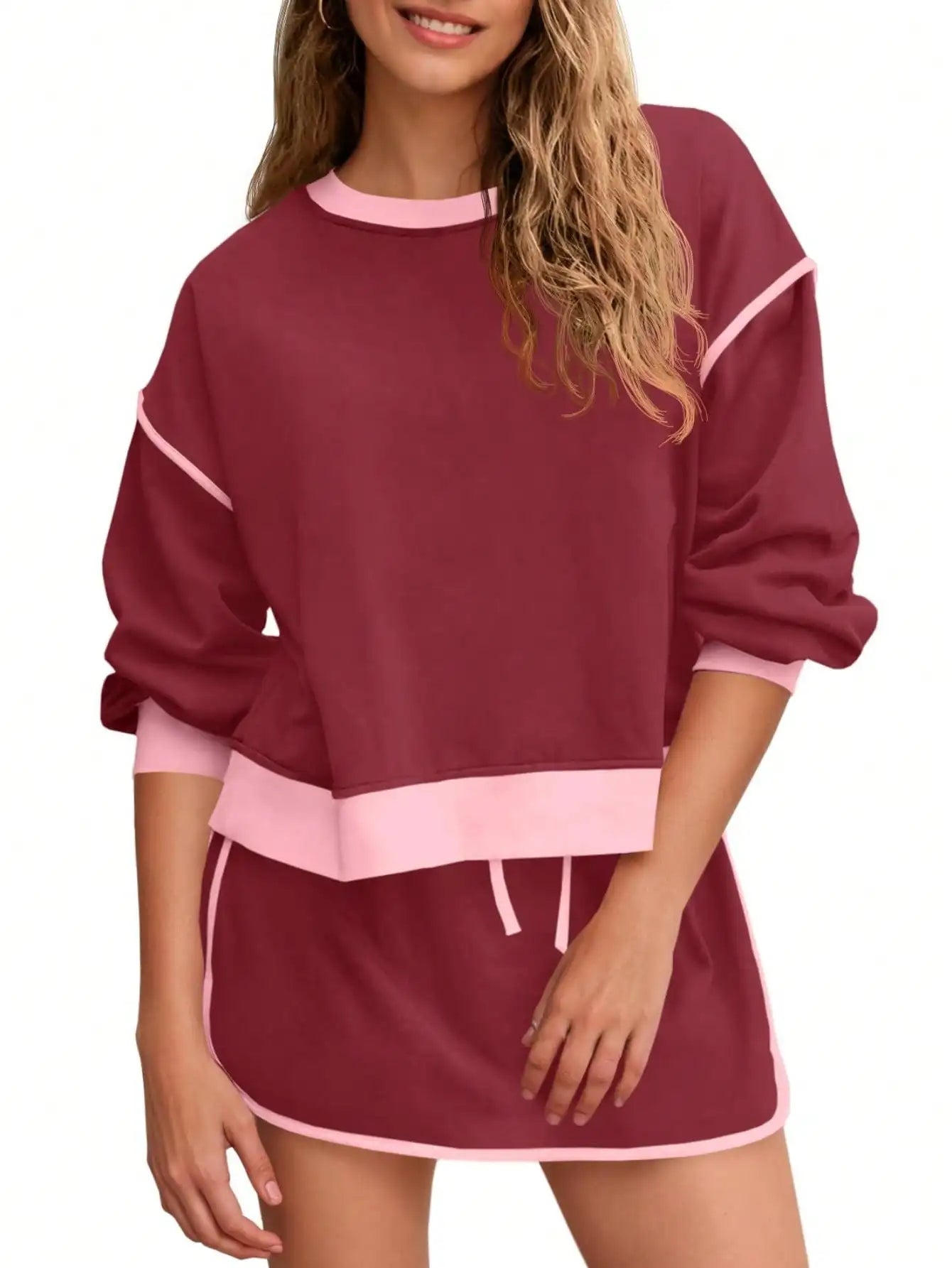 Fisoew Women's 2 Piece Crewneck Sweatshirt Skort Sweatsuit Lounge Set