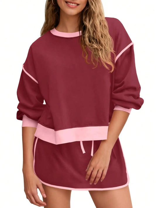 Fisoew Women's 2 Piece Crewneck Sweatshirt Skort Sweatsuit Lounge Set
