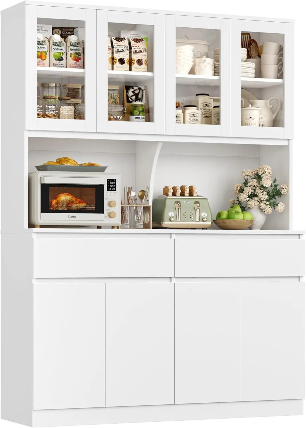 Kitchen Pantry Storage Cabinet With Glass Doors And Drawers