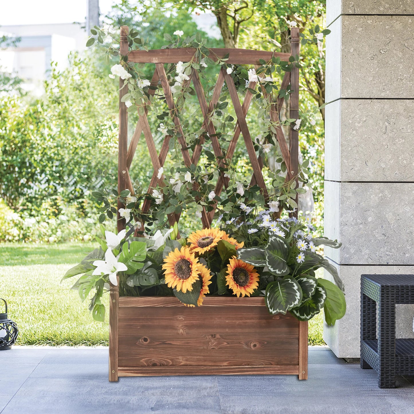 Elevated Wooden Garden Planter Box With Integrated Trellis