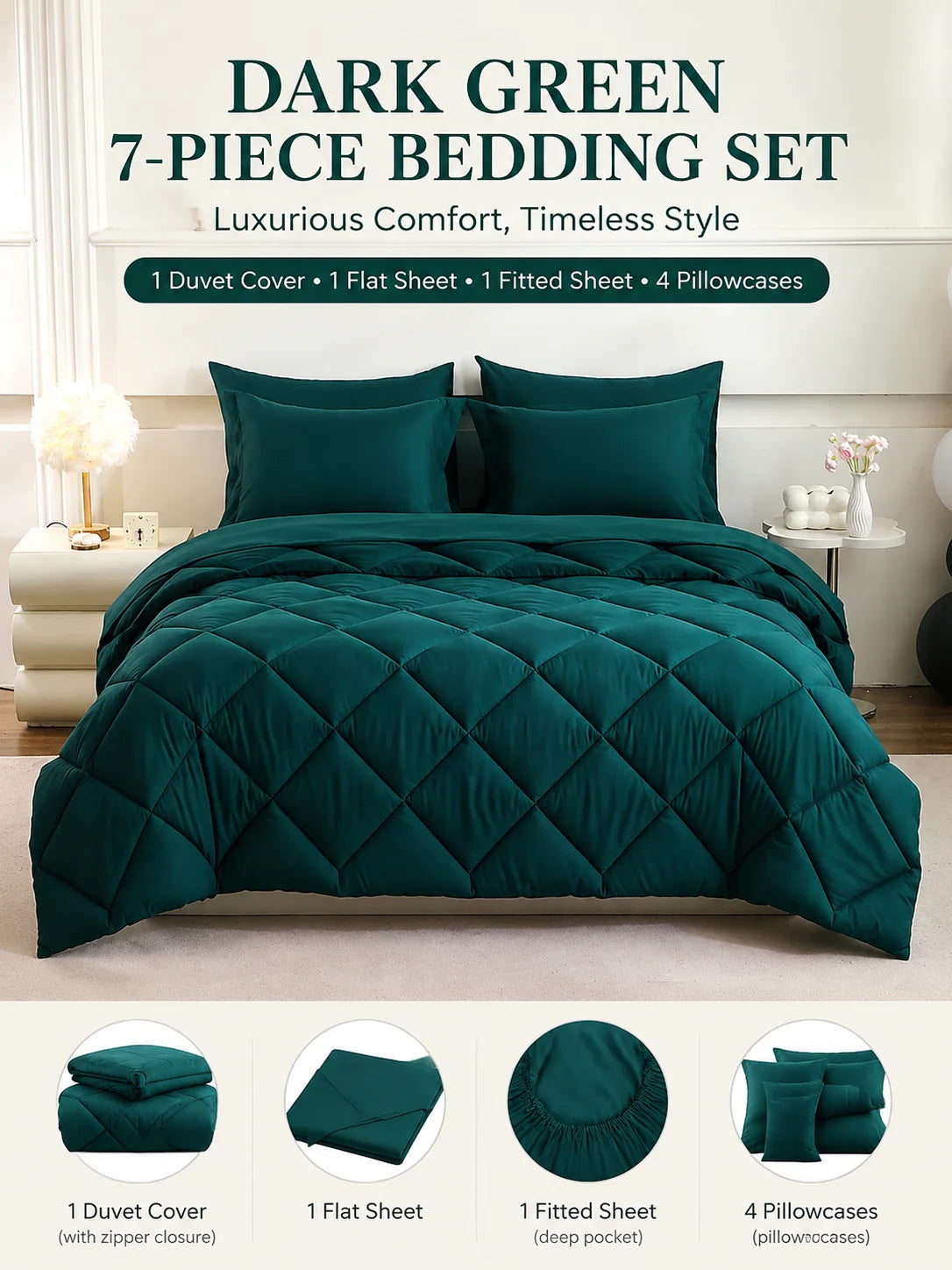 EasYum 7 Piece Bedding Set Comforter Flat Fitted Sheets Pillowcases
