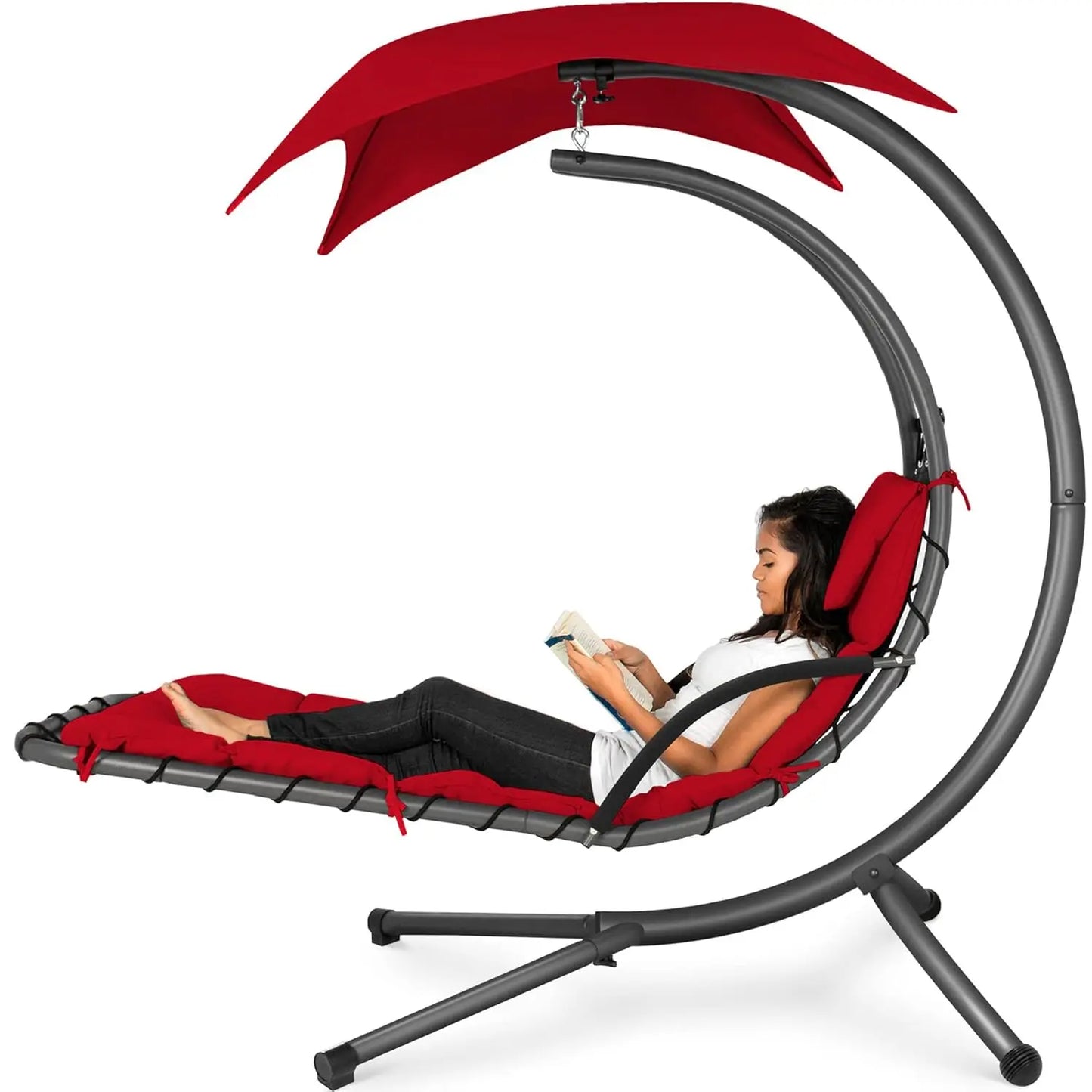 Curved Steel Outdoor Hanging Chaise Lounge With Built In Pillow And Canopy