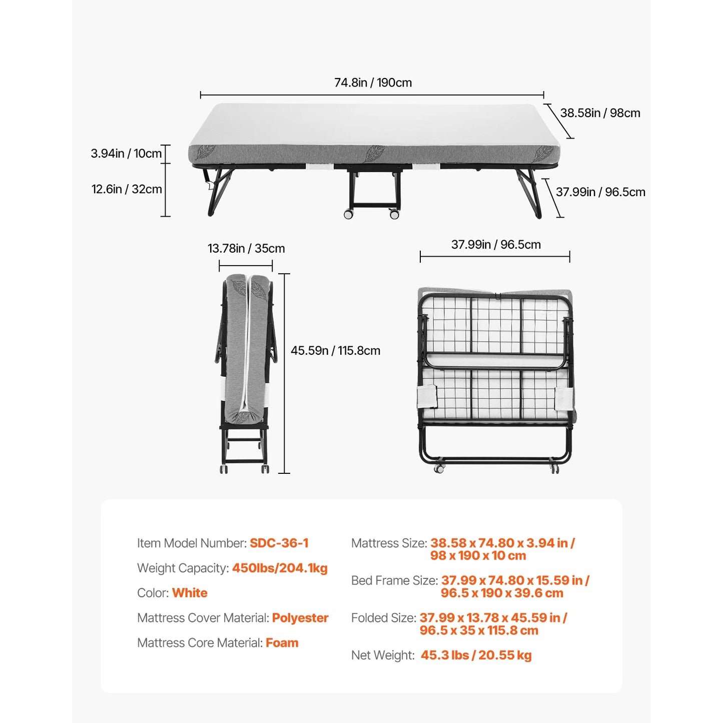 SucceBuy Rollaway Bed Folding Guest Bed With Memory Foam Mattress