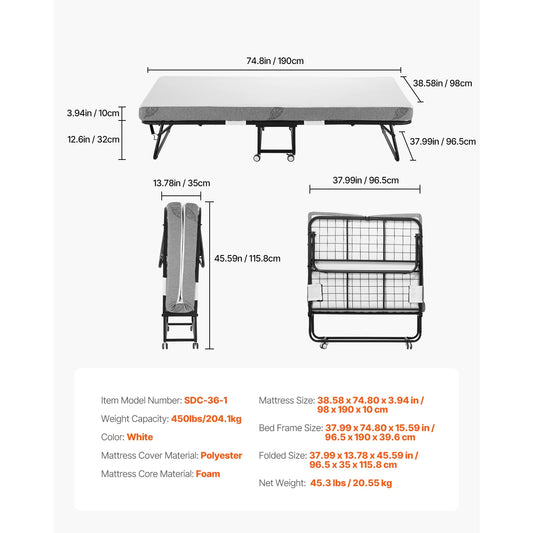 SucceBuy Rollaway Bed Folding Guest Bed With Memory Foam Mattress