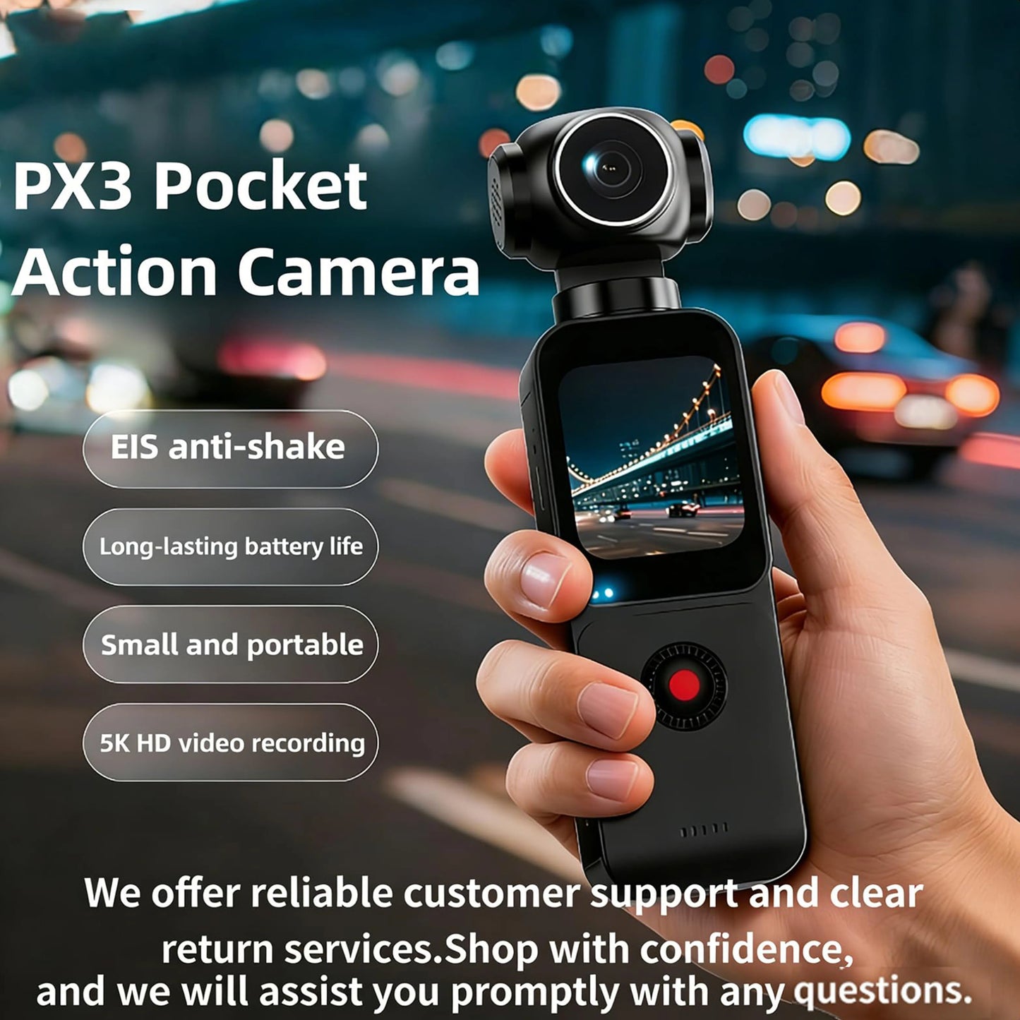 5K HD Handheld Action Camera With 270 Degree Rotating Lens Touchscreen