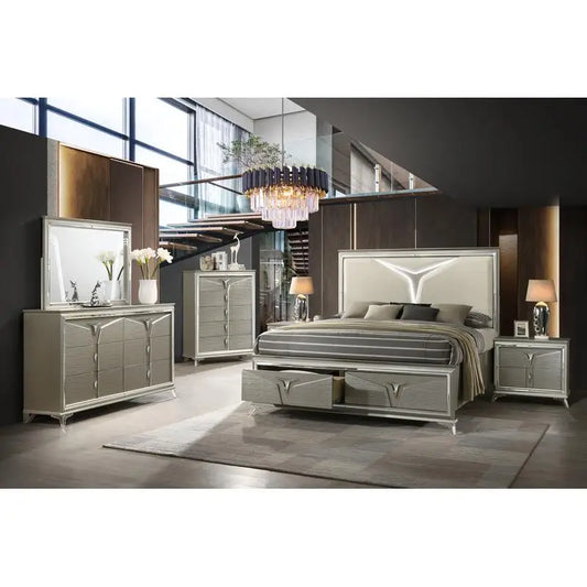 Modern Queen 5 Piece Bedroom Set LED Headboard With Frame