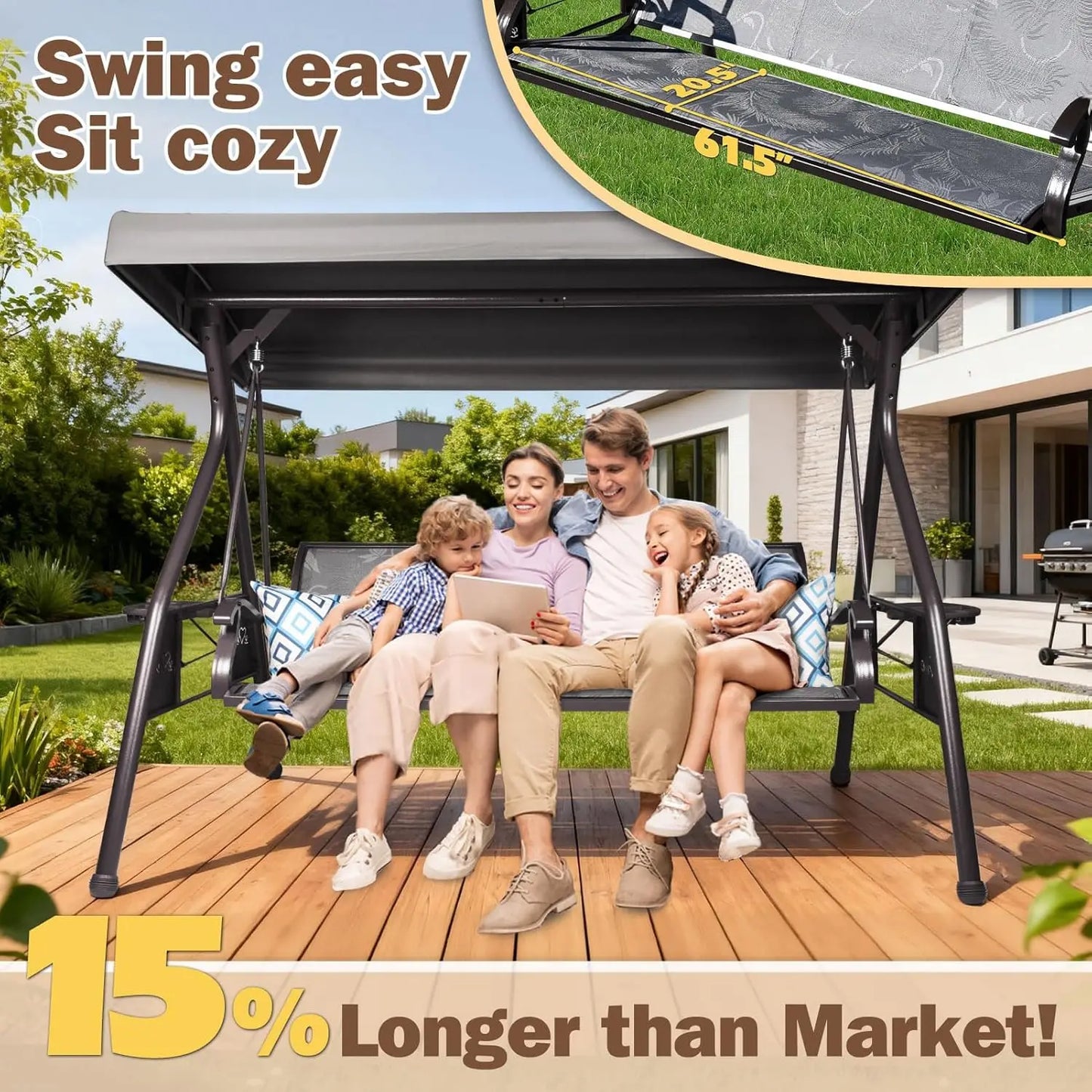 Outdoor 3-Seat Patio Swing Chair With Adjustable Cup Holders