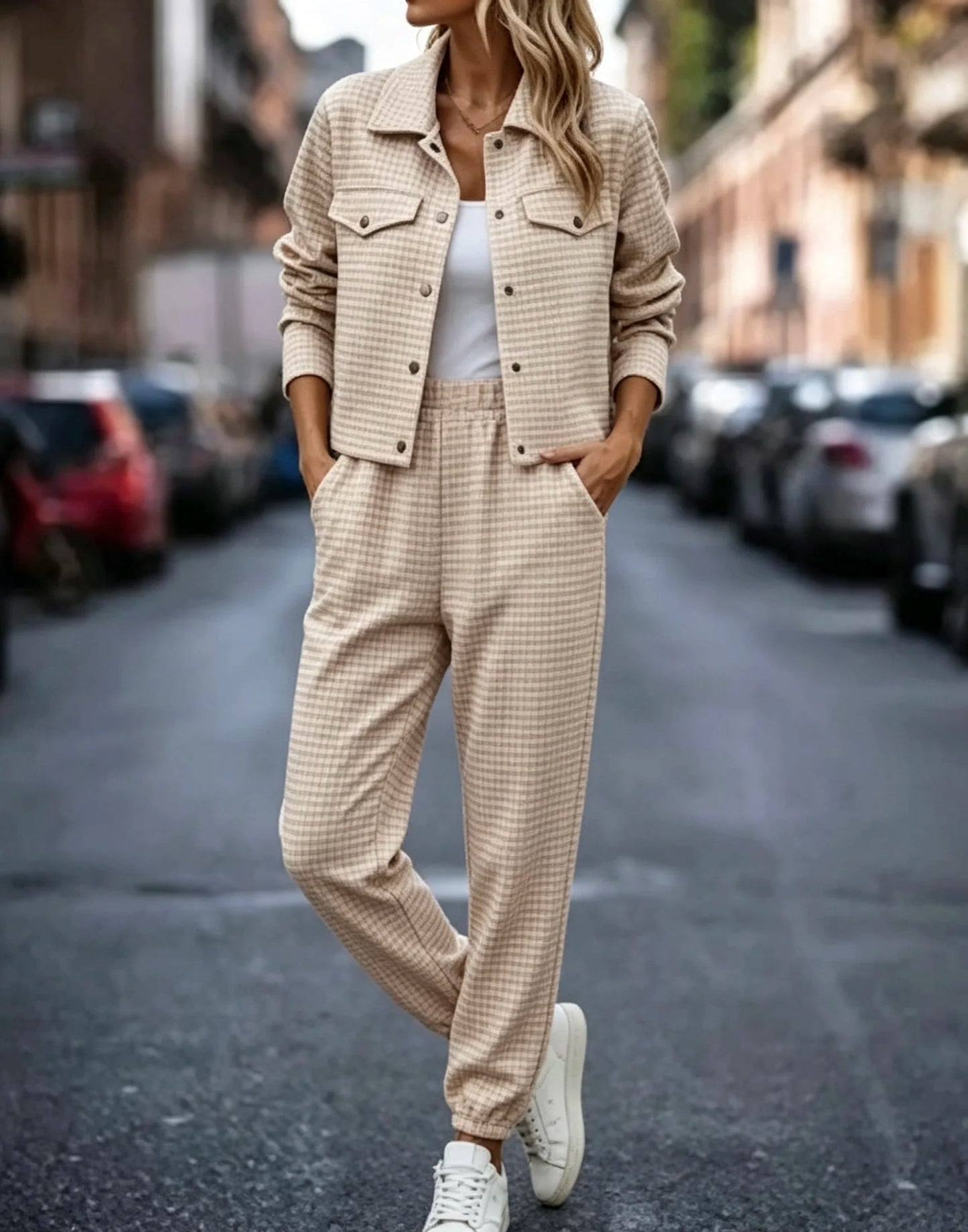 Plus Size Women Checkered Lapel Cardigan Pants Set Office Casual