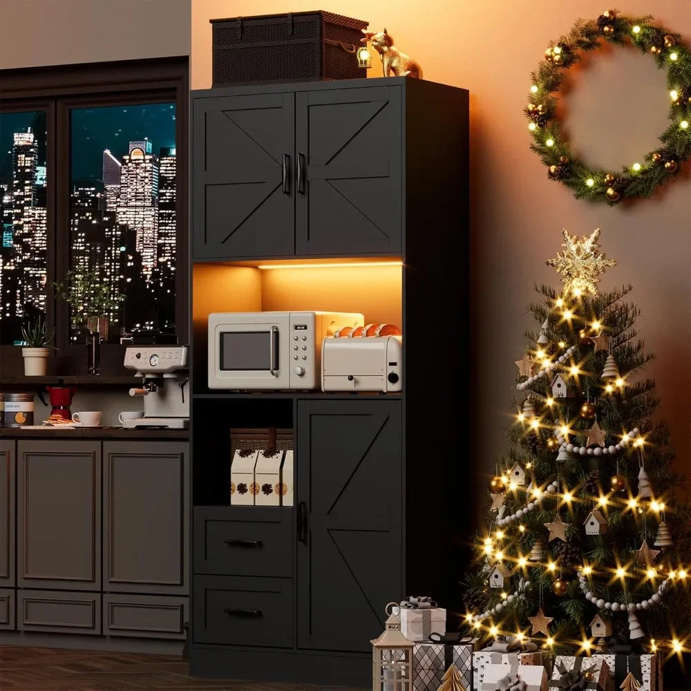 Kitchen Pantry Storage Cabinet With LED Lights And Power Strip