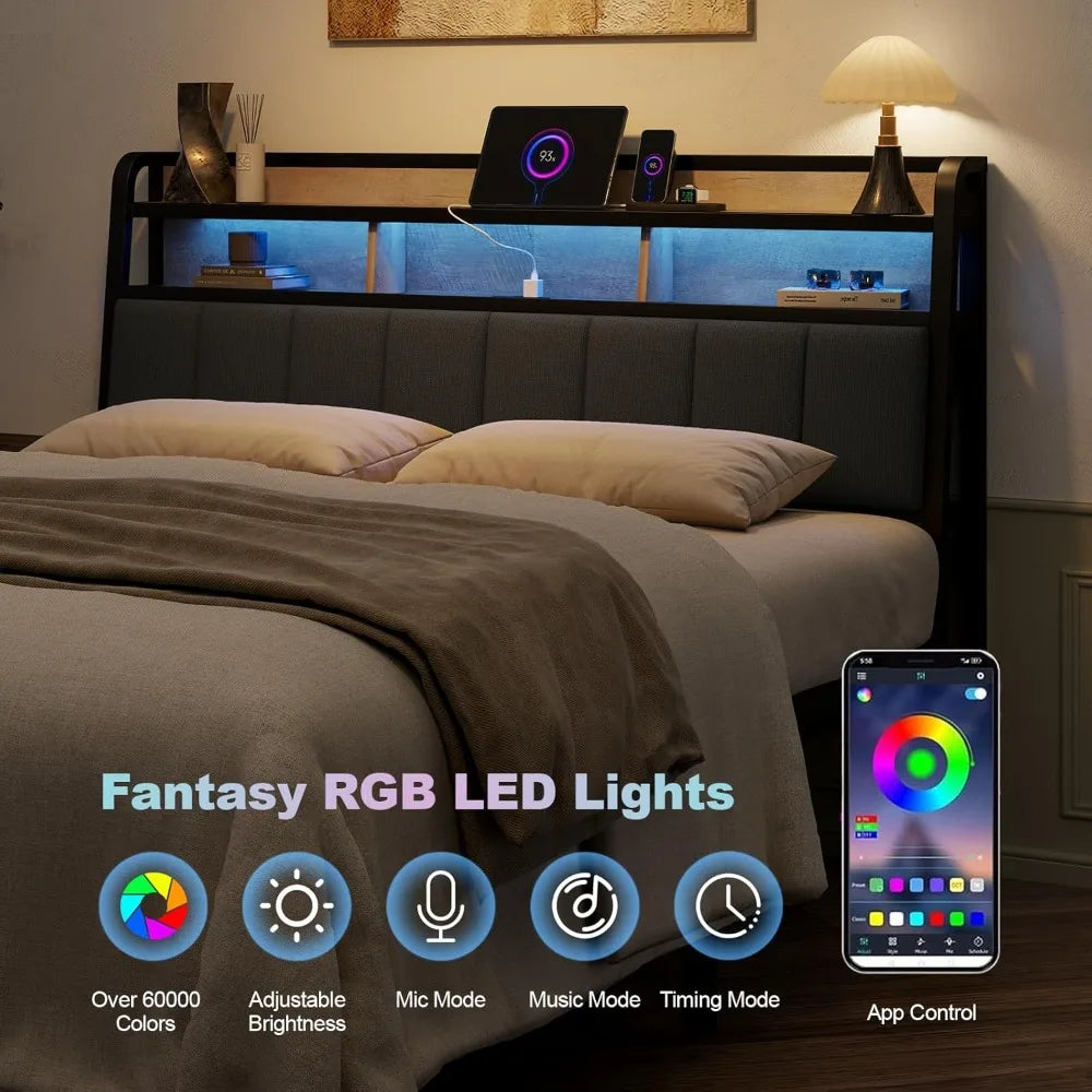 Queen Upholstered Headboard With Led Lights And Charging Station