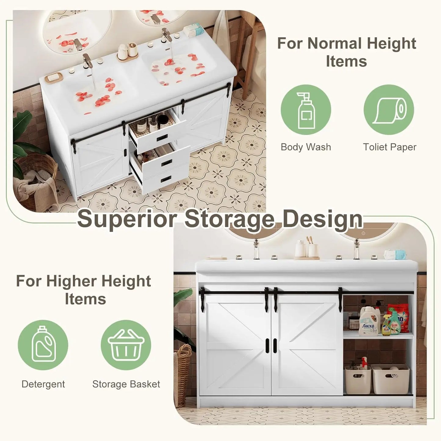 Double Sink Bathroom Vanity With Barn Sliding Doors Drawers