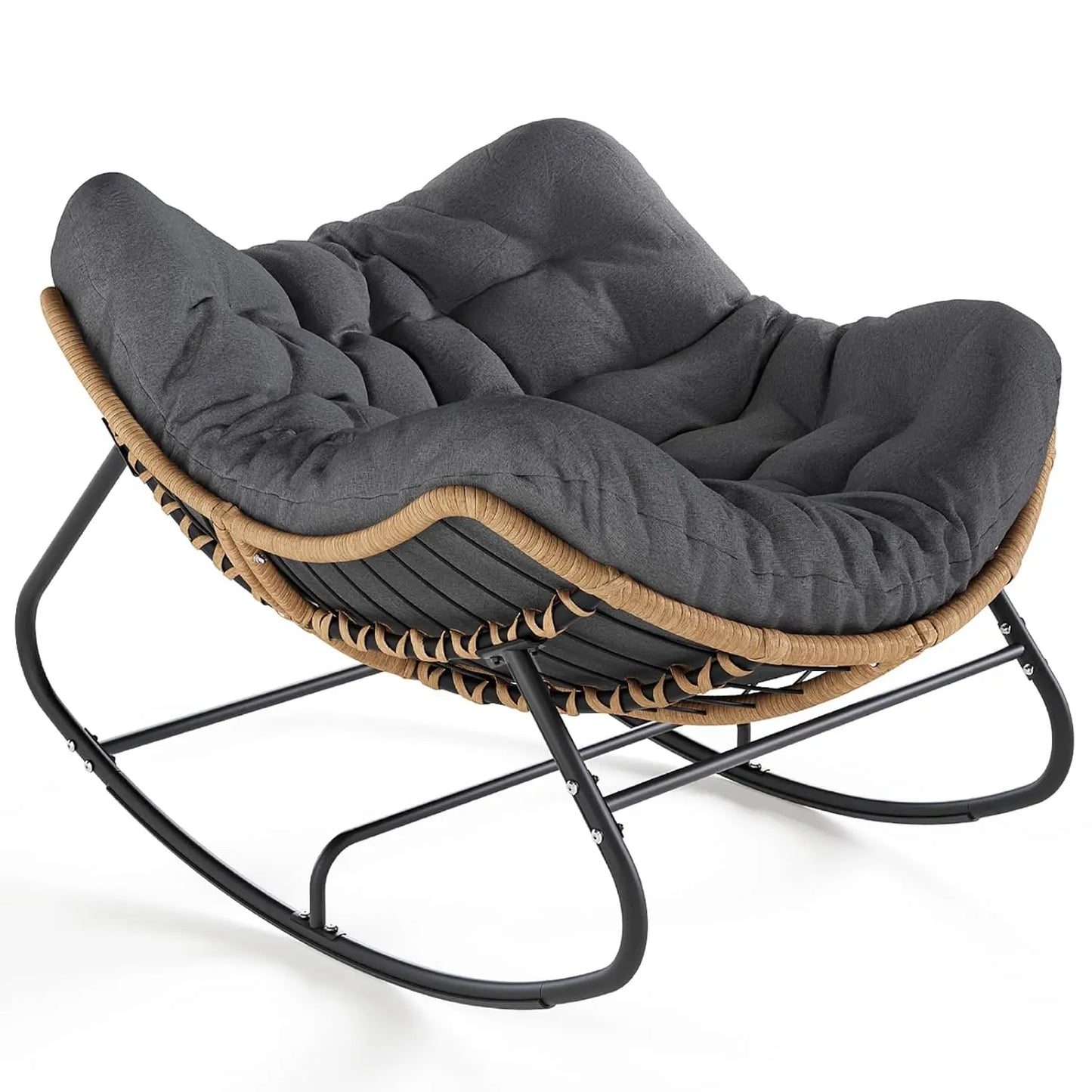 Rattan Rocking Chair With Footrest Cushioned Outdoor Patio Lounge