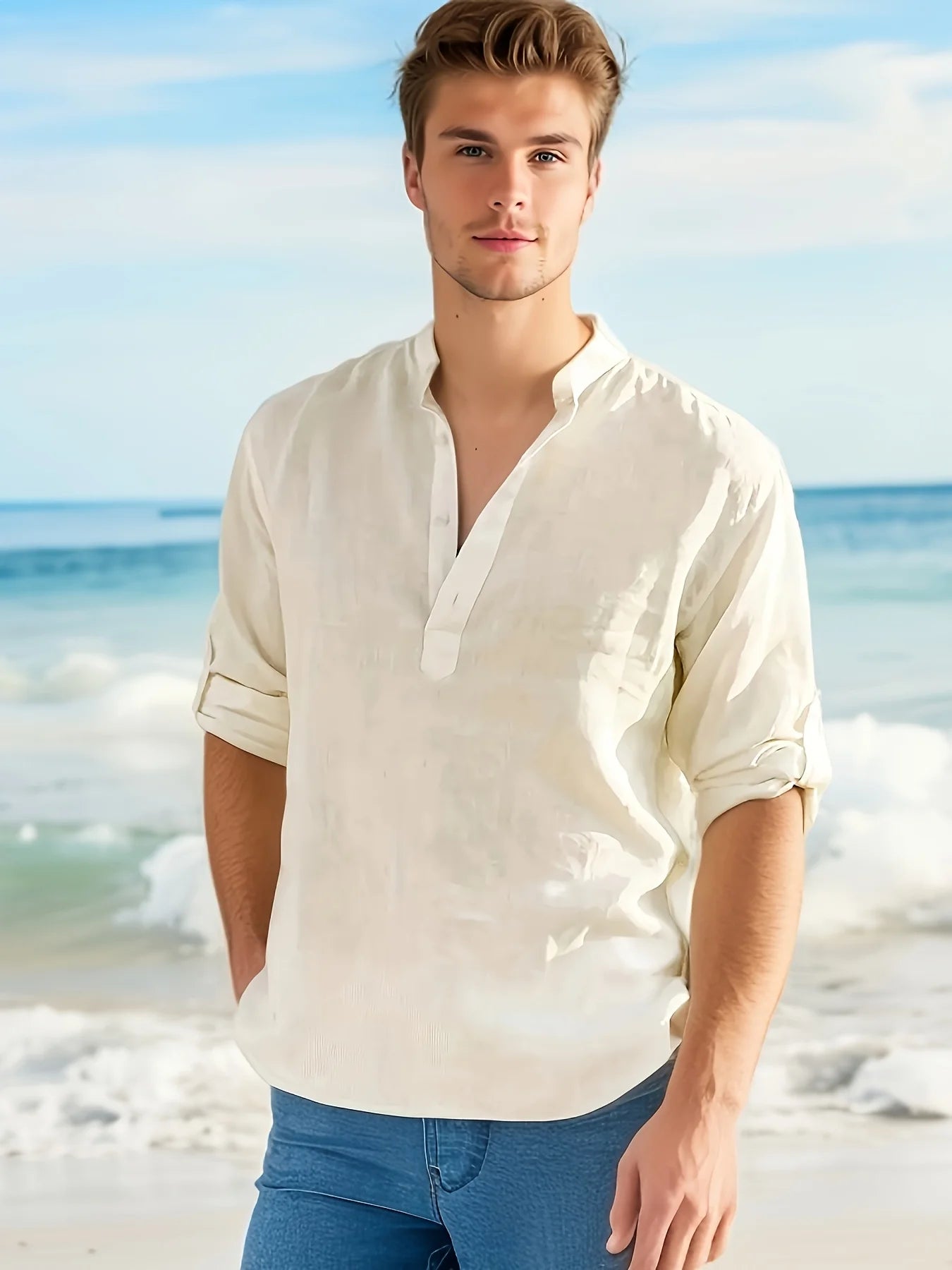 Mens Long Sleeve Cotton Linen Shirt Loose Fit Summer Wear
