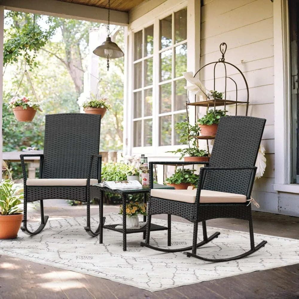 Flamaker Outdoor Rocking Chair Set Rattan Patio Chairs With Glass Table