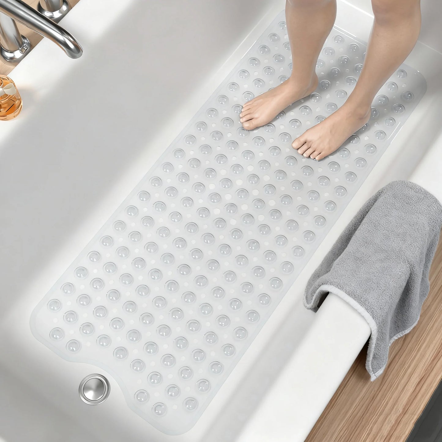 Extra Long Non Slip Bathtub Mat PVC With Suction Cups Drain Holes