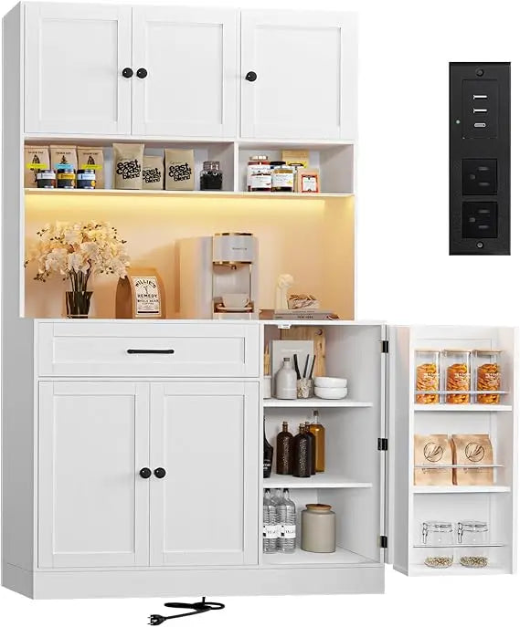 Pantry Cabinet With LED Light And Charging Station Tall Storage