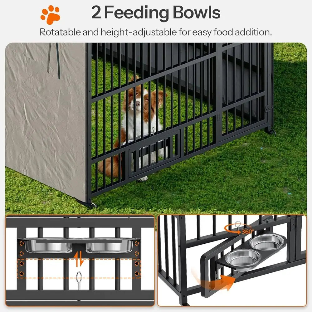 Outdoor Dog Kennel With Cover Waterproof Roof And Rotating Bowls