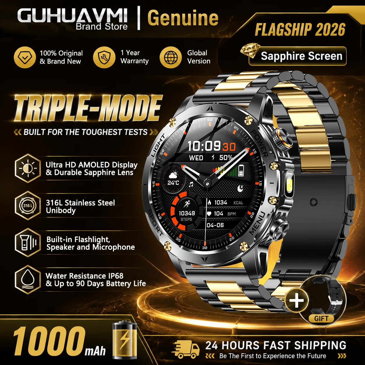 Outdoor Mens Sports Smart Watch IP68 Waterproof 1000mAh Bluetooth Heart Rate