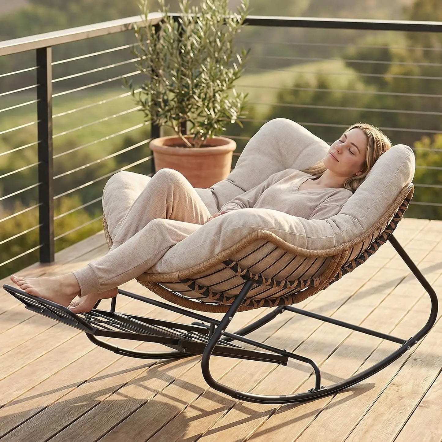 Oversized Rattan Rocking Chair With Footrest For Patio Garden