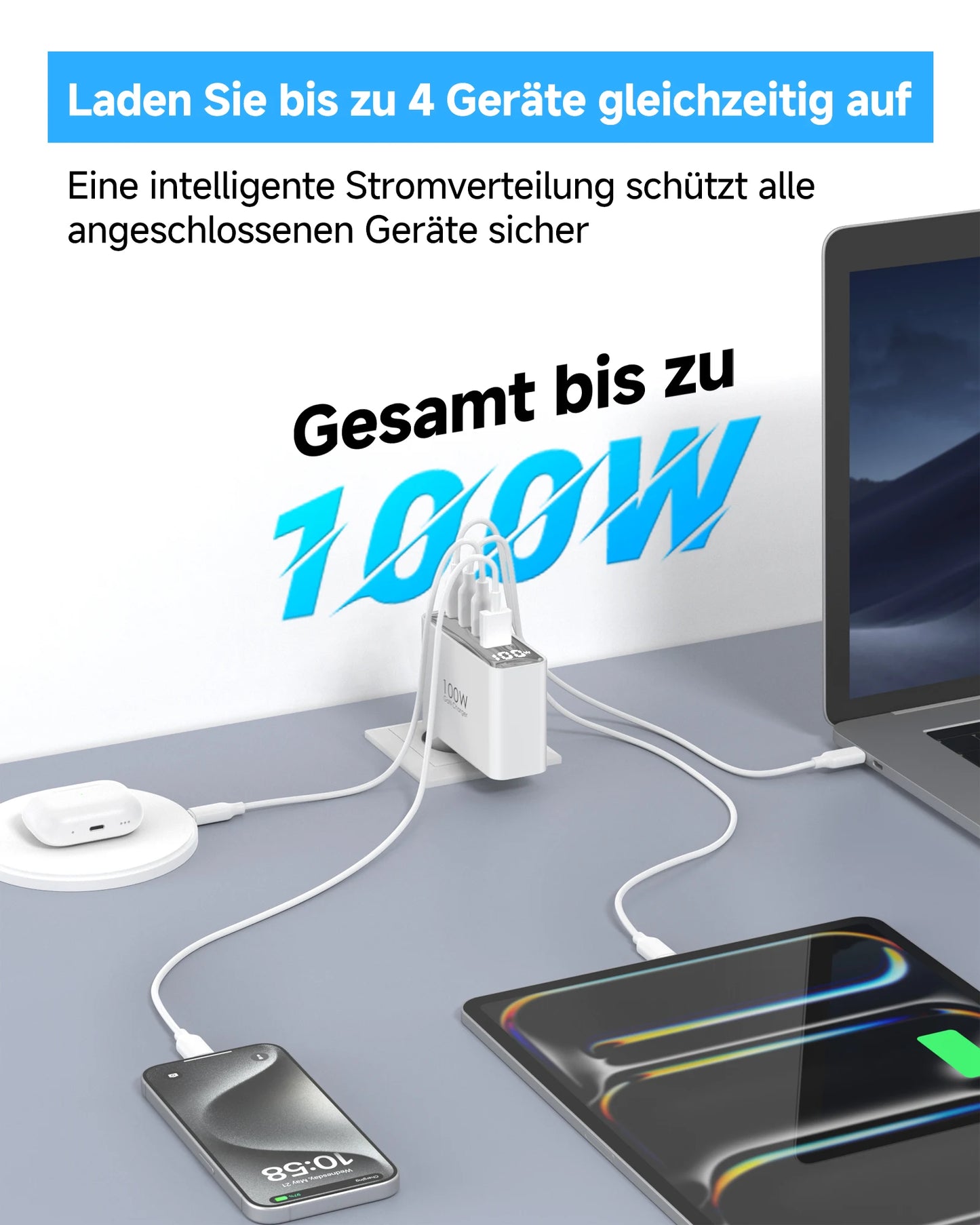 TOPADRE 100W USB-C Travel Charger 4-Port Foldable Adapter