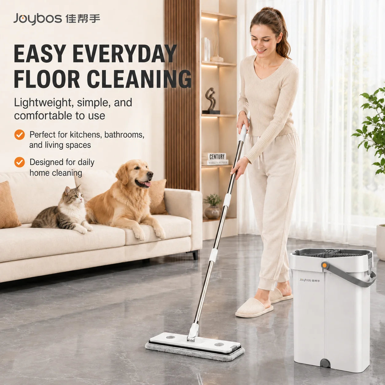 Joybos Ultra Slim Flat Mop And Bucket System With 2 Microfiber Pads 360 Swivel