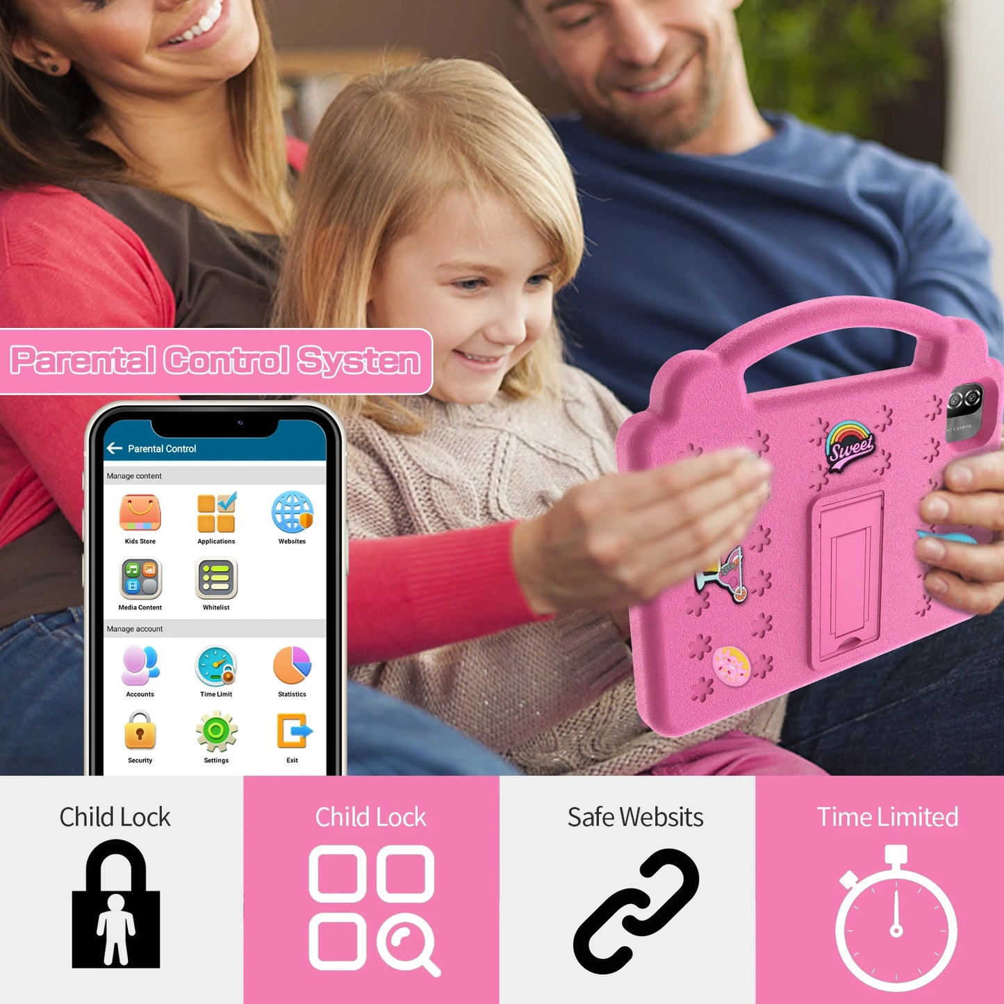 PRITOM Kids Tablet Android 15 QuadCore Parental Control 64GB ROM