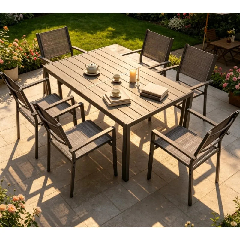 Patio Dining Set 7 Pieces Large Table And Textilene Chairs