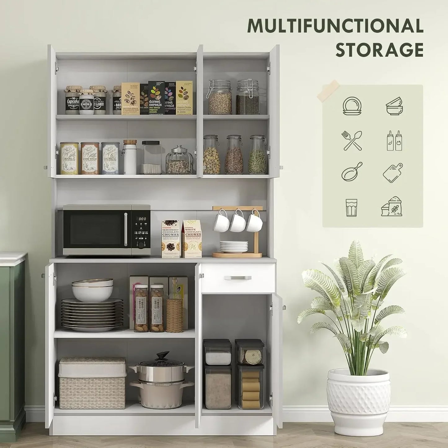 Kitchen Pantry Cabinet With Microwave Stand And Tall Hutch Doors