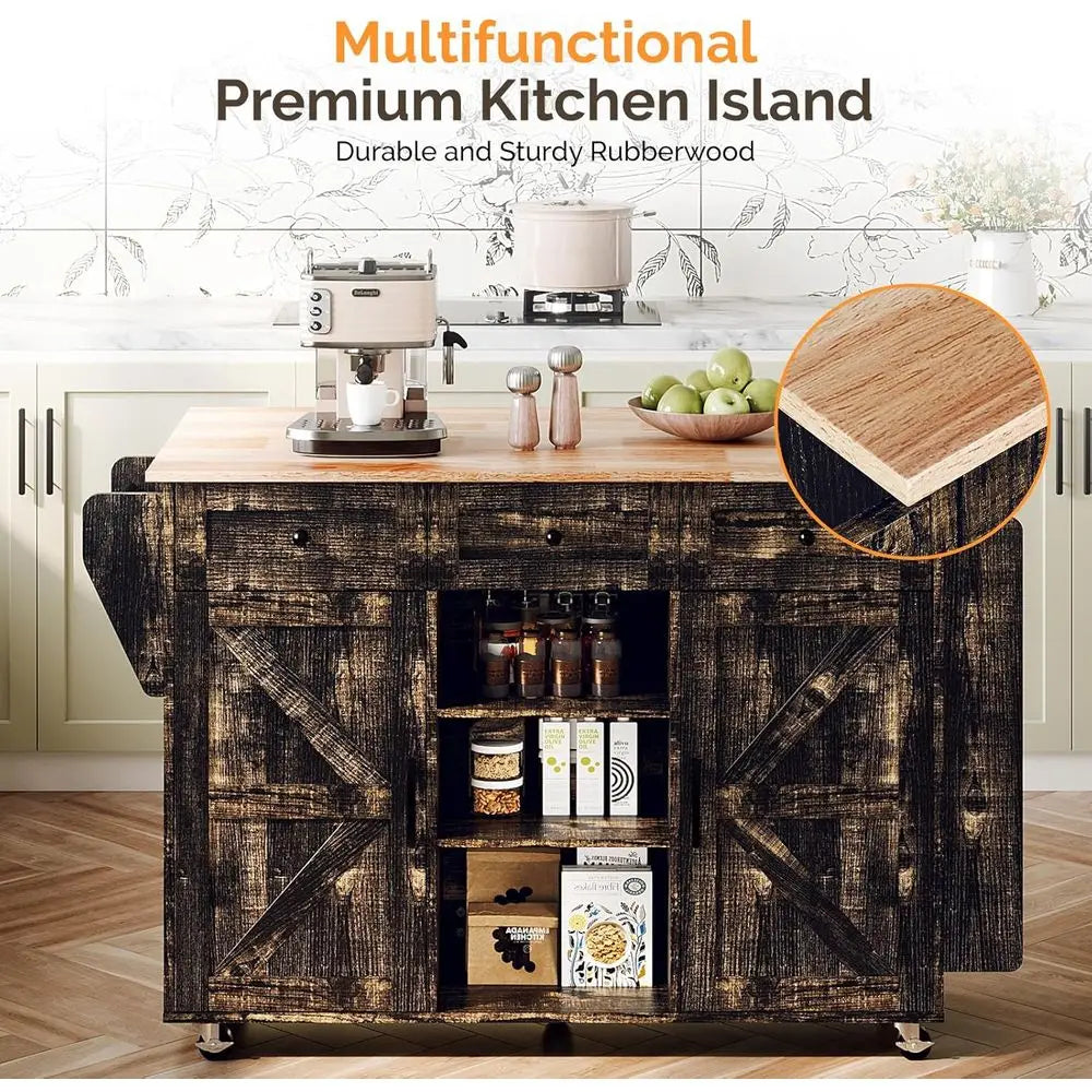 Rolling Kitchen Island Cart 3 Drawers Shelves Drop Leaf Towel And Spice Racks