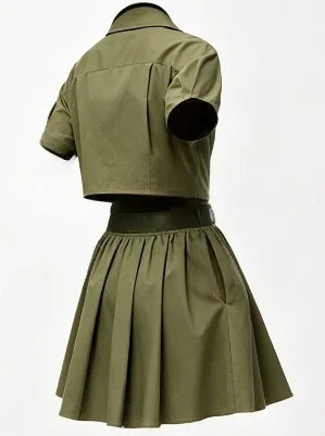 Women Short Sleeve Stand Collar Zipper Pleated Cotton Loose Dress