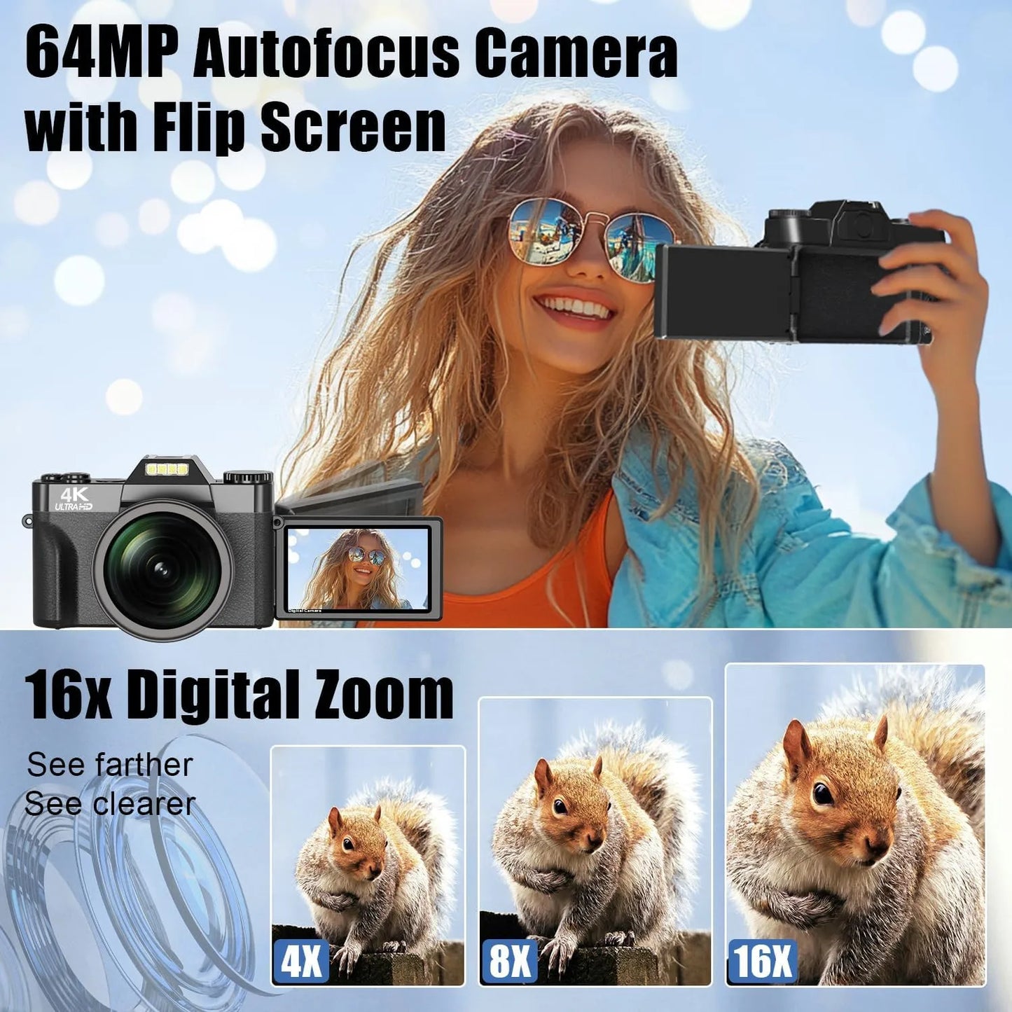 4K Digital Camera With 48MP Sensor 16x Zoom For YouTube