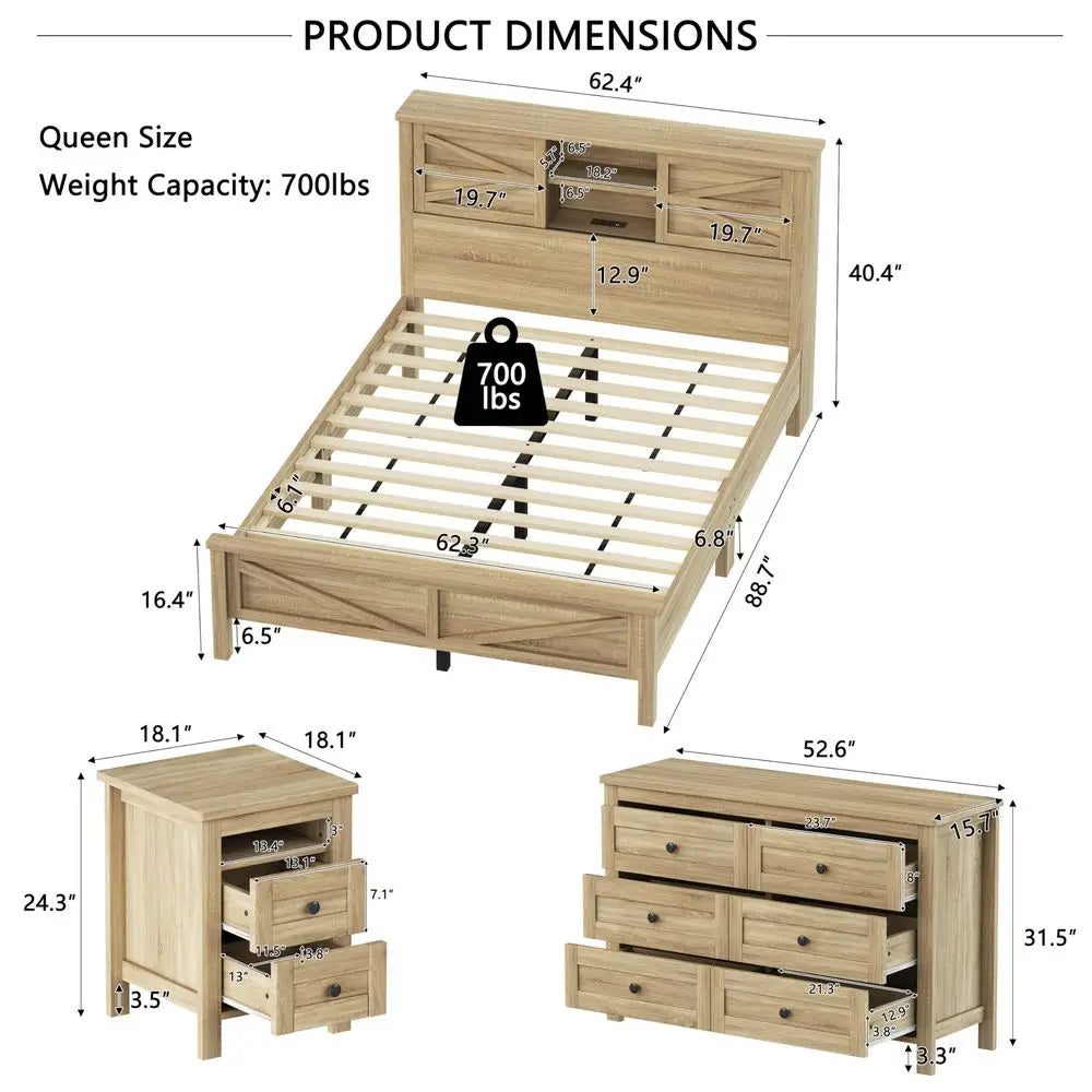 YTYIN Farmhouse Bedroom Set With Platform Bed Nightstand And Dresser