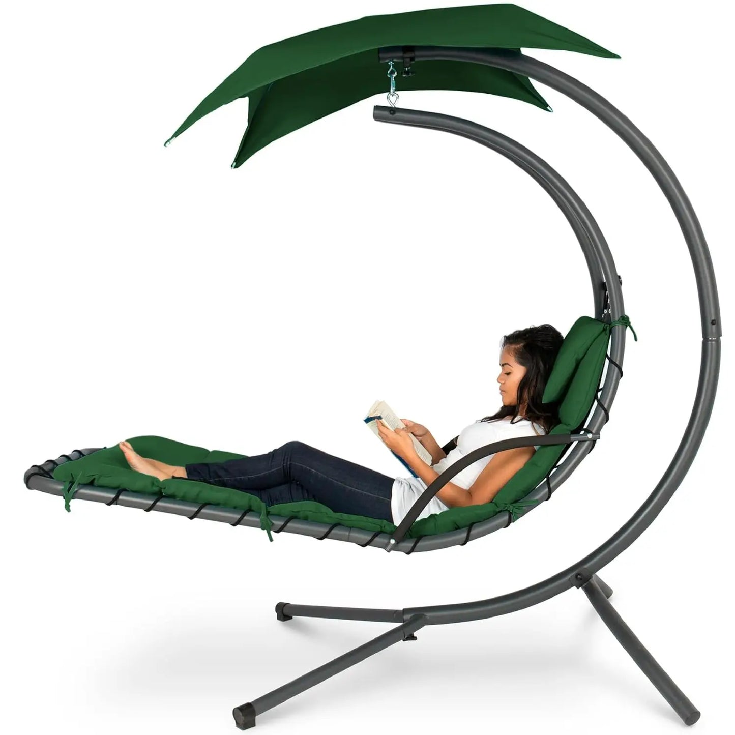 Curved Steel Outdoor Hanging Chaise Lounge With Built In Pillow And Canopy