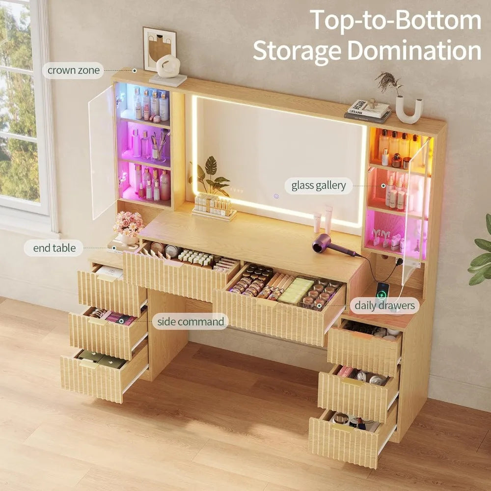 Fluted Wood Vanity Desk With Mirror LED Lights Charging Station