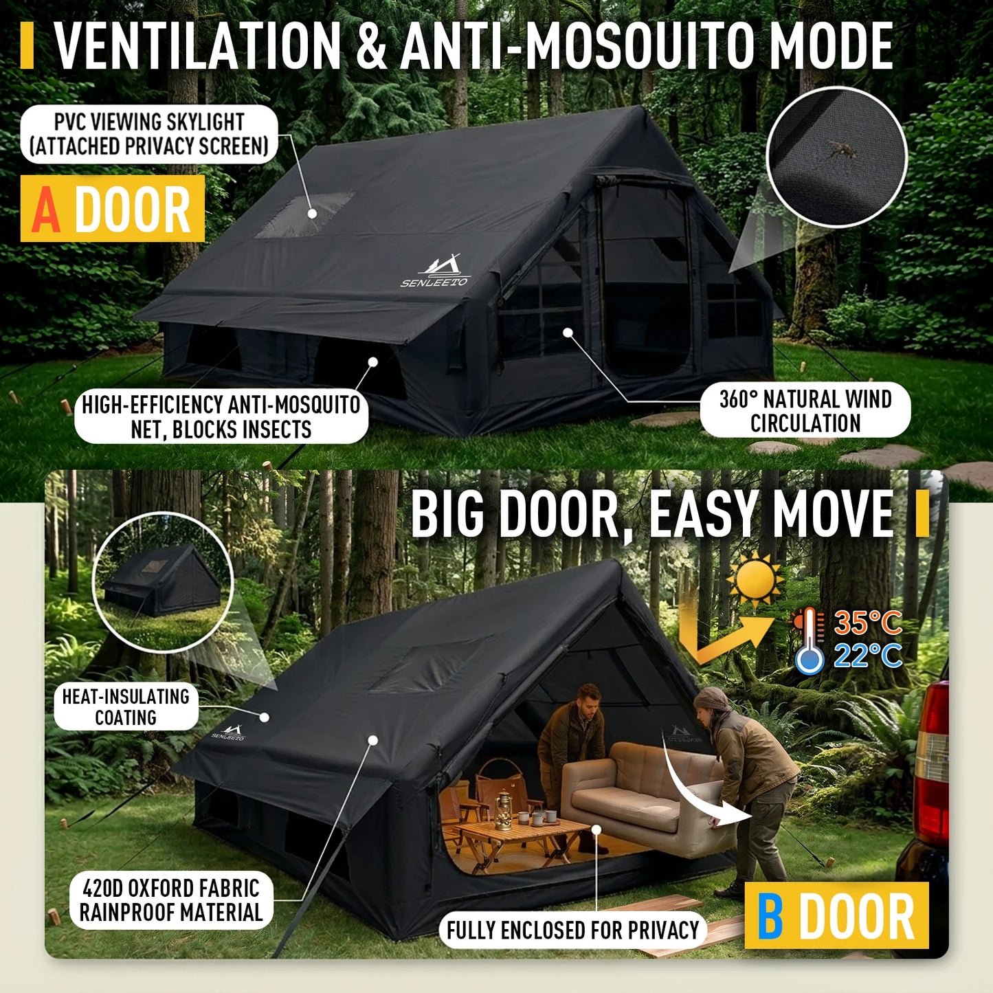 Senleeto Inflatable Family Camping Tent With Rainfly And Stove Jack
