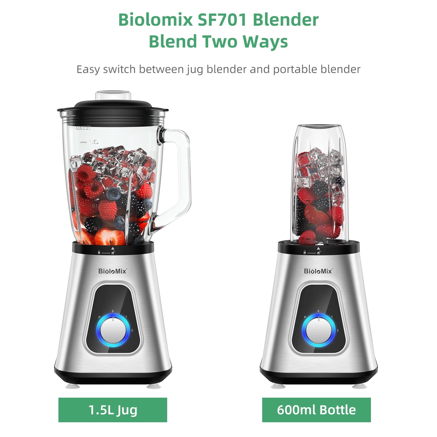 Biolomix 1300W Smoothie Blender With Glass Jar For Frozen Drinks
