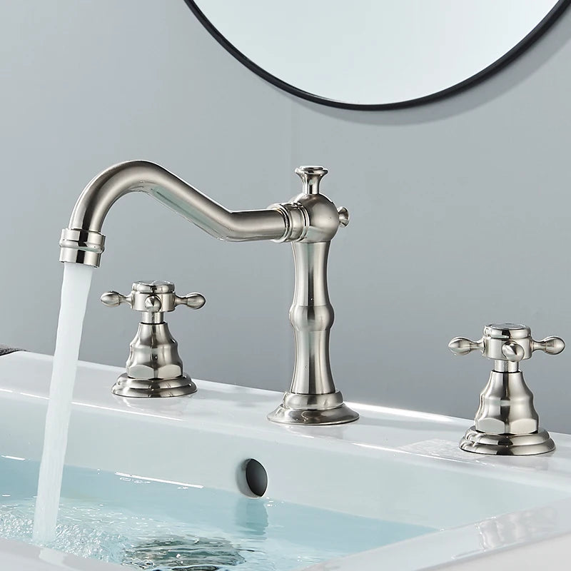 Saeuwtowy Antique Brass Bathroom Faucet Three Hole Deck Mount