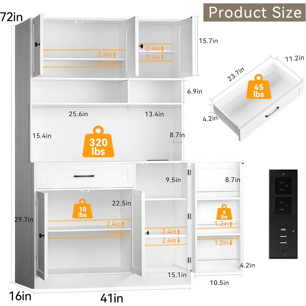 Pantry Cabinet With LED Light And Charging Station Tall Storage