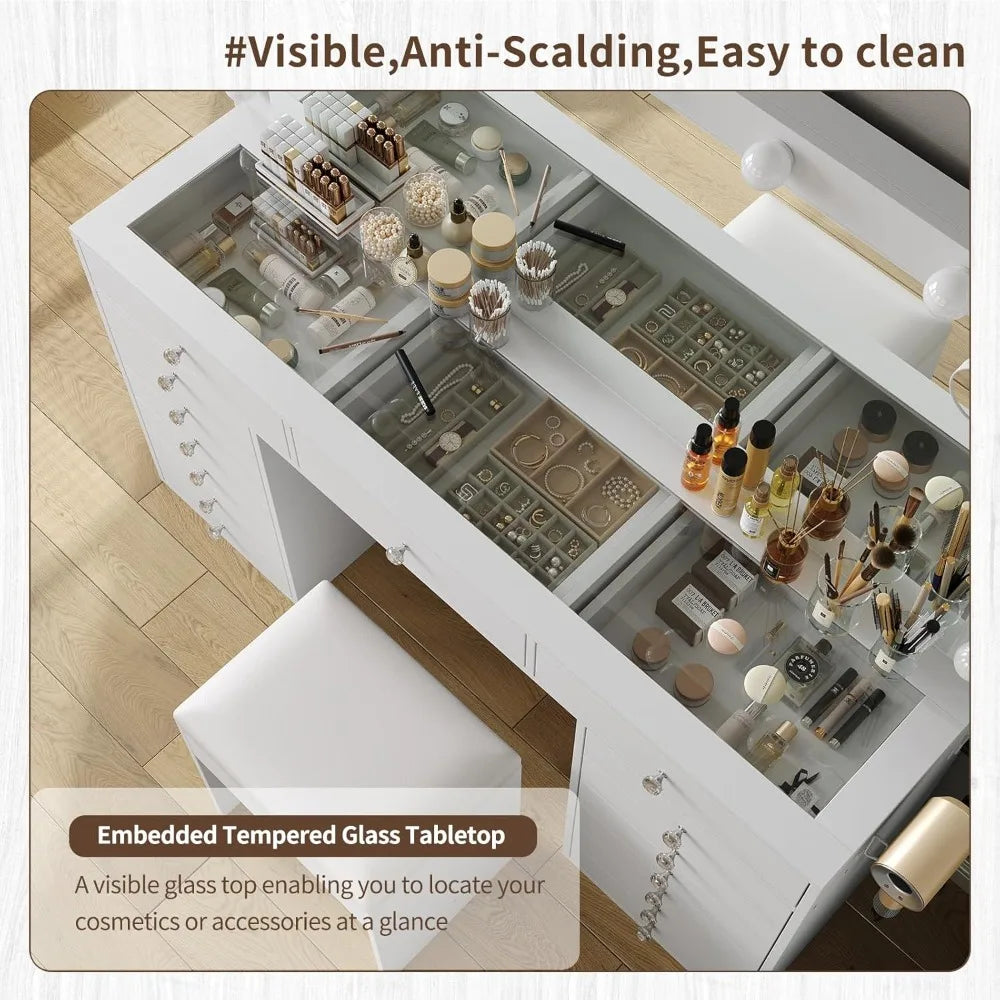 11-Drawer Makeup Vanity Desk With Charging Station And LED Mirror