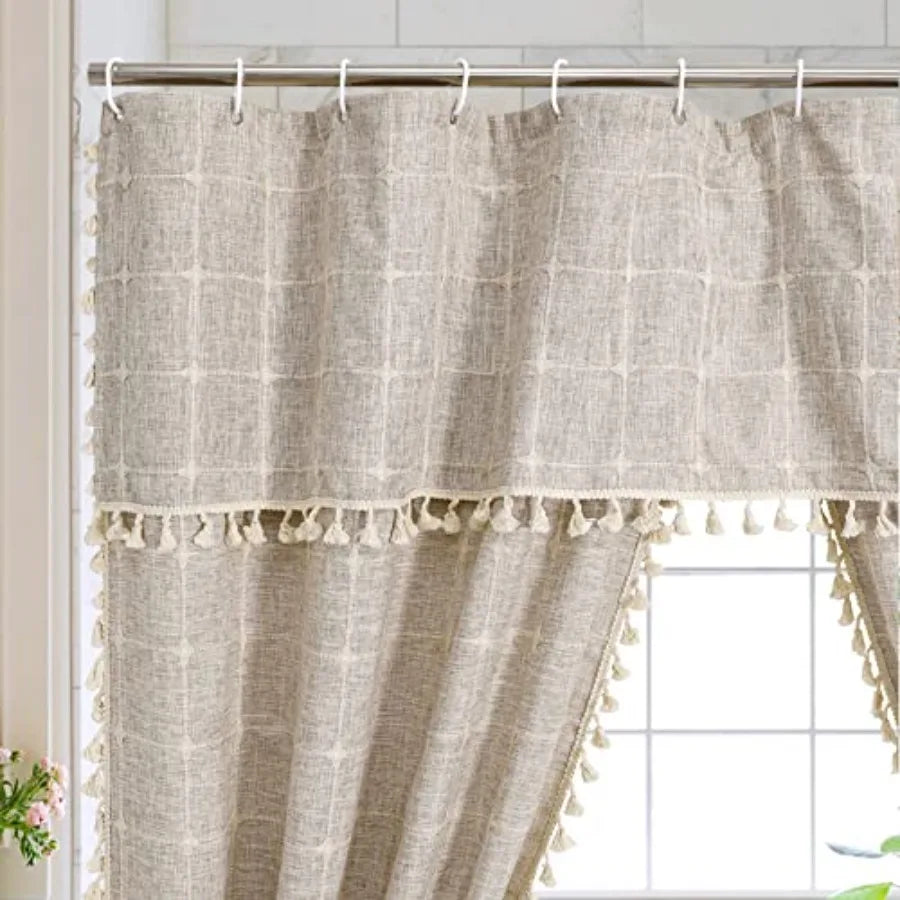 Boho Double Swag Shower Curtain Polyester Linen Farmhouse Bathroom Decor