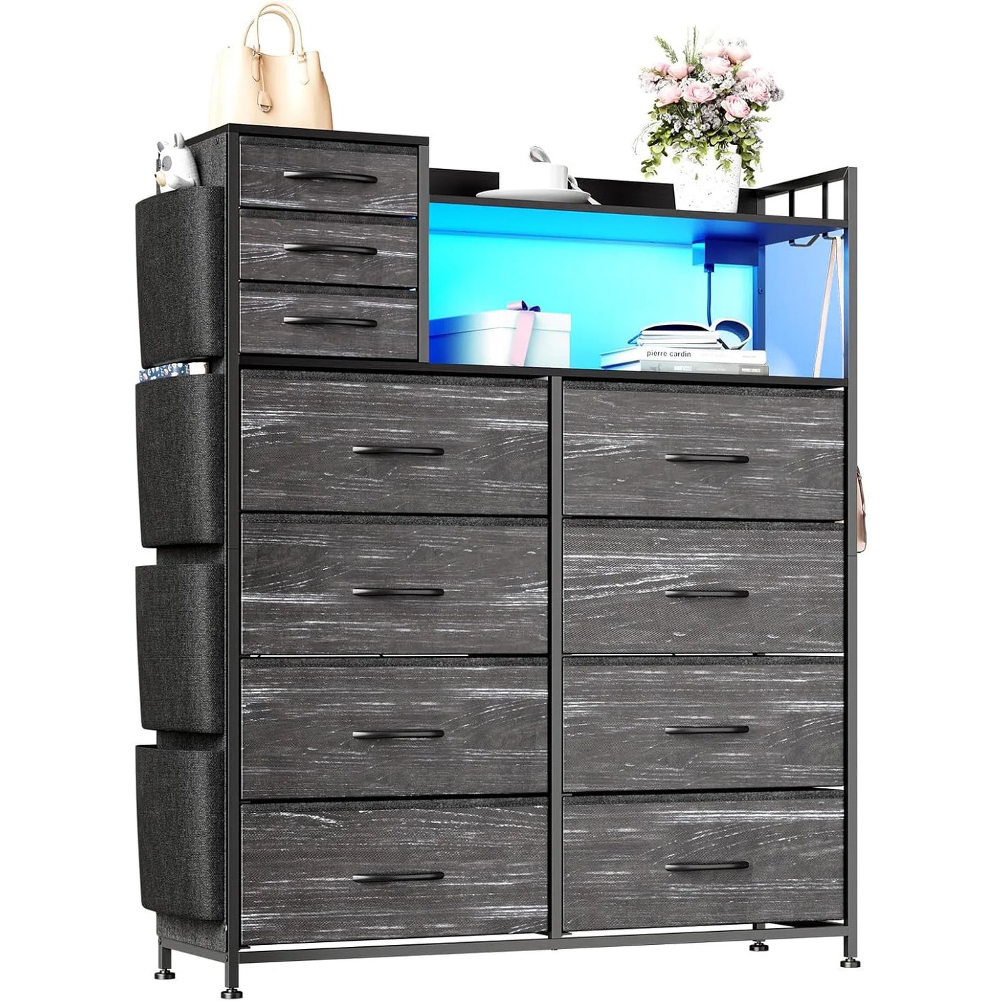 Storage Dresser With 11 Fabric Drawers, LED Lights, Wood Top