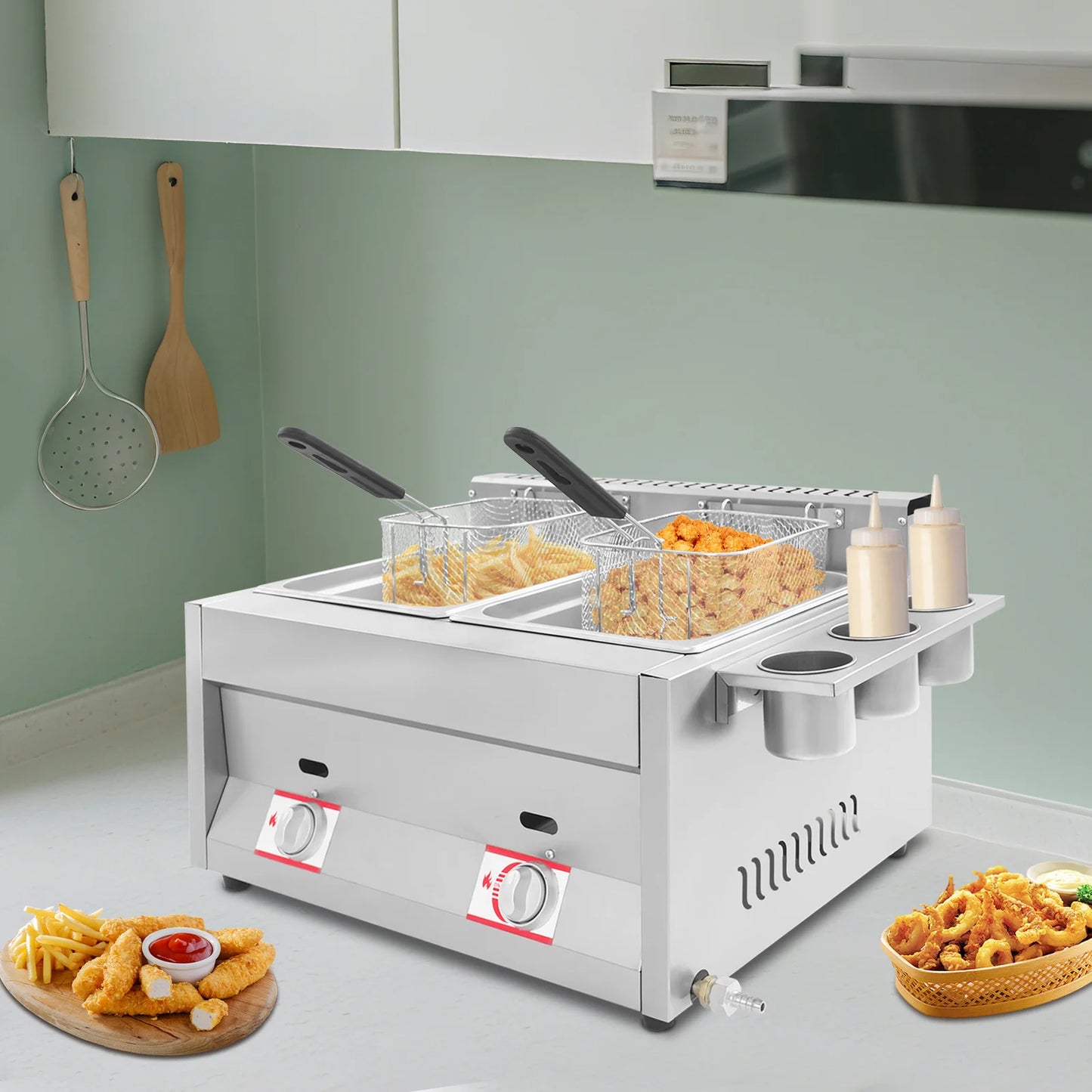 Bymaocar Stainless Steel Dual Tank Commercial Deep Fryer Temperature Control