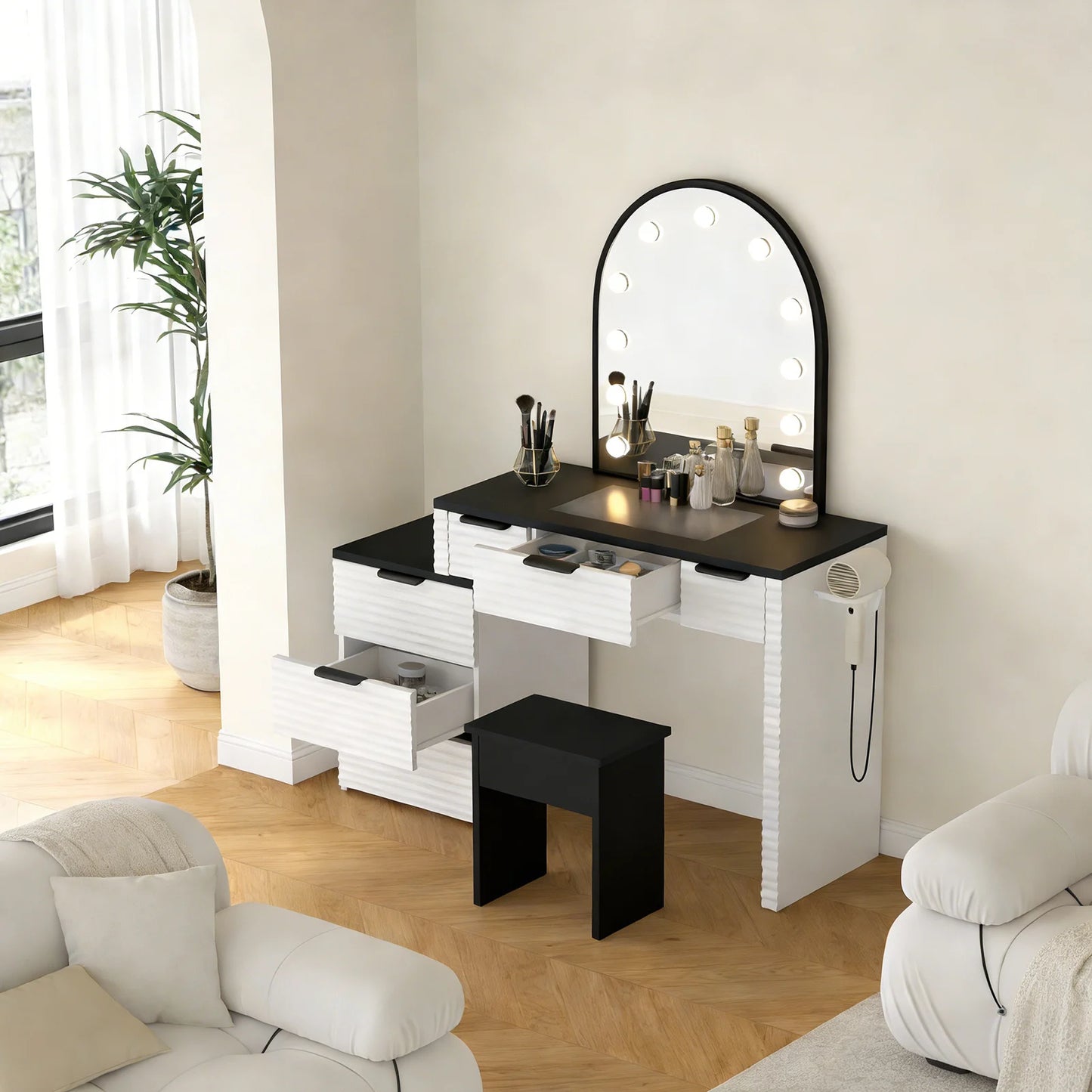 Modern Vanity Desk Chair Set Mirror Light Power Outlet